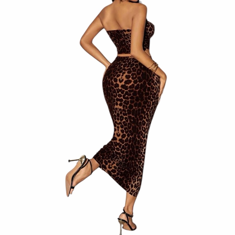 2 PIECE🐝LEOPARD CROP TOP&MIDI SKIRT BODYCON